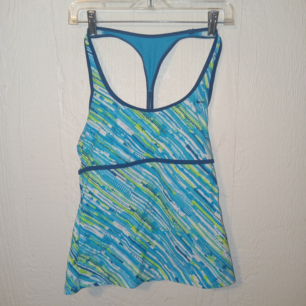 Nike Swim Tankini Top Womens 10 Blue Green Abstract Racerback Built-in Bra